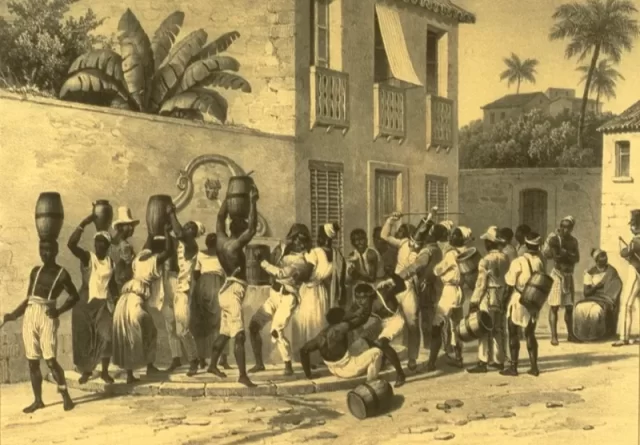 Escravizados urbanos coletando água no Brasil da década de 1830. Para pesquisadores, escravidão atrasou desenvolvimento do país