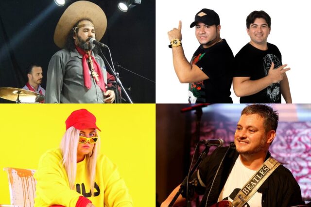 Da esquerda no sentido horário: Baitaca, Barões da Pisadinha, Manno Góes e Tones and I, compositores de músicas que foram bases para jingles eleitorais em 2020 sem autorização deles — Foto: Divulgação e Felipe Oliveira